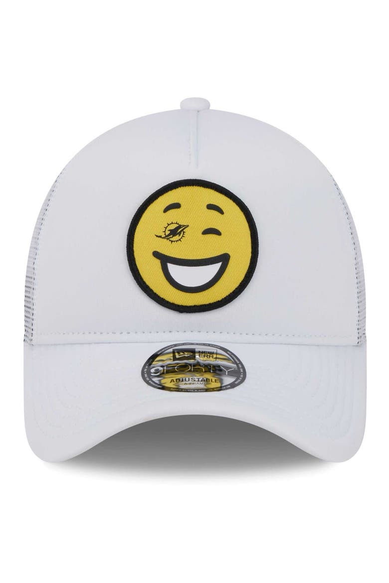 Men's New Era White Miami Dolphins Happy A-Frame Trucker 9FORTY Snapback Hat, Alternate, color, White