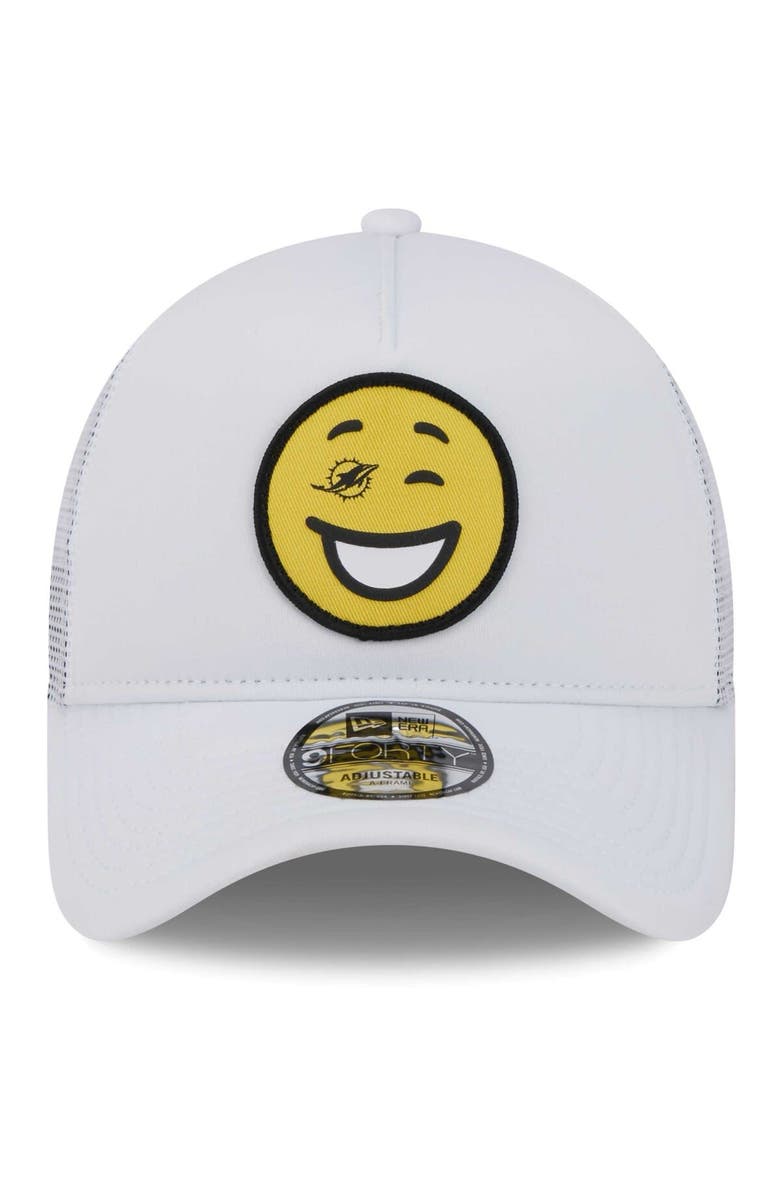 New Era Men's New Era White Miami Dolphins Happy A-Frame Trucker 9FORTY Snapback Hat, Alternate, color, 