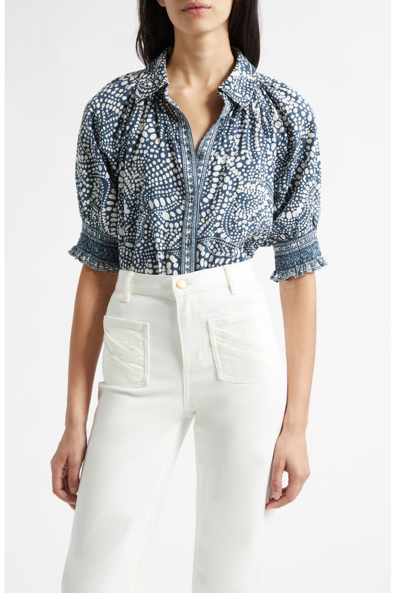 Freya Cotton Button-Up Shirt, Main, color, NAVY DOT