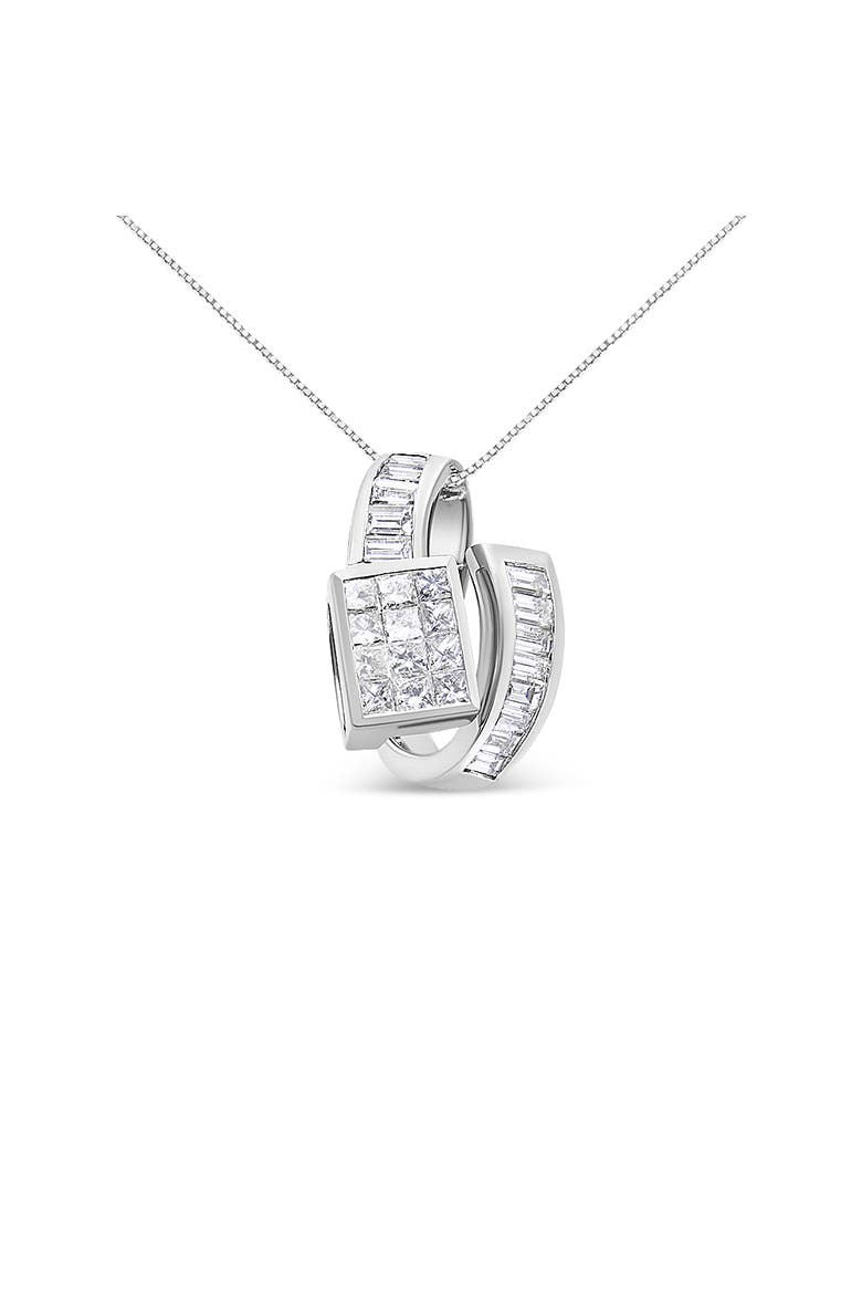 14K White Gold 2 cttw Princess and Baguette Cut Diamond Double Loop Pendant Necklace, Alternate, color, White