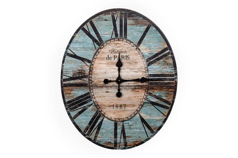 Decorative Oval Wood Wall Clock with Distressed Finish, Turquoise