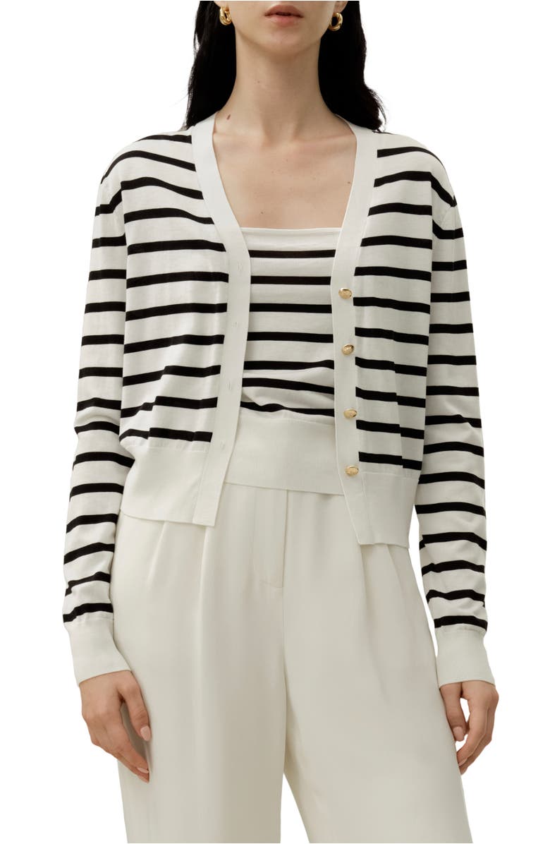Lilysilk Silk-Cotton Striped Knit Cardigan Set, Main, color, Black&White Stripes