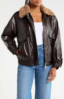 Faux Leather Bomber Jacket with Faux Shearling Collar