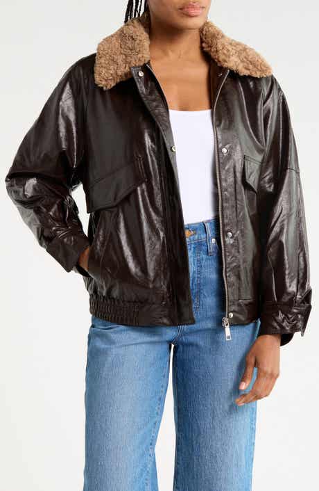 Faux Leather Bomber Jacket with Faux Shearling Collar