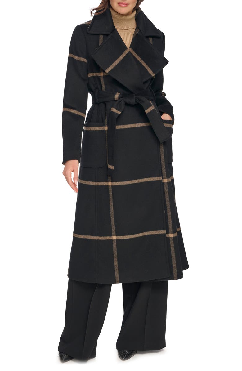 DKNY Windowpane Plaid Tie Waist Wool Blend Coat, Main, color, 