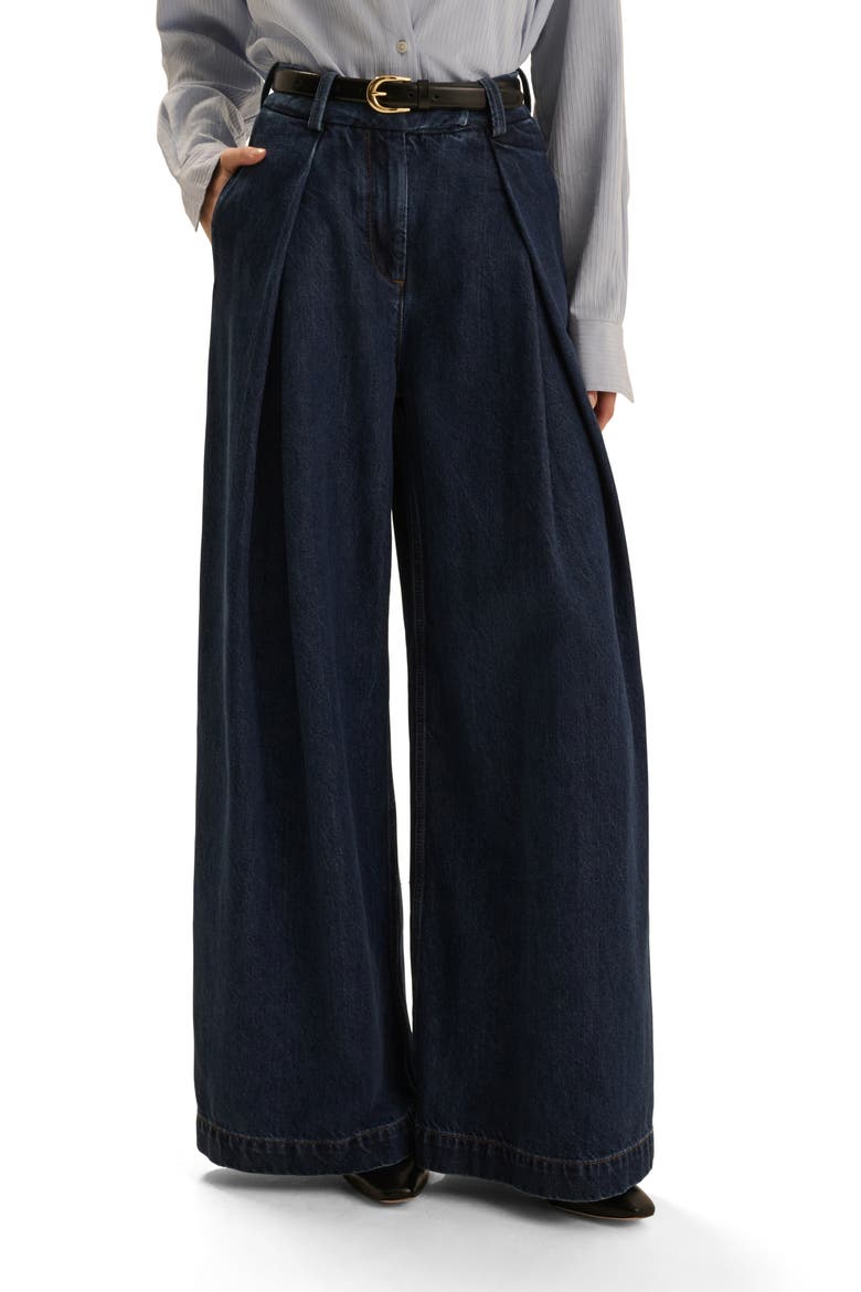 The Petite Pleats High Waist Wide Leg Jeans, Main, color, DARK SEA