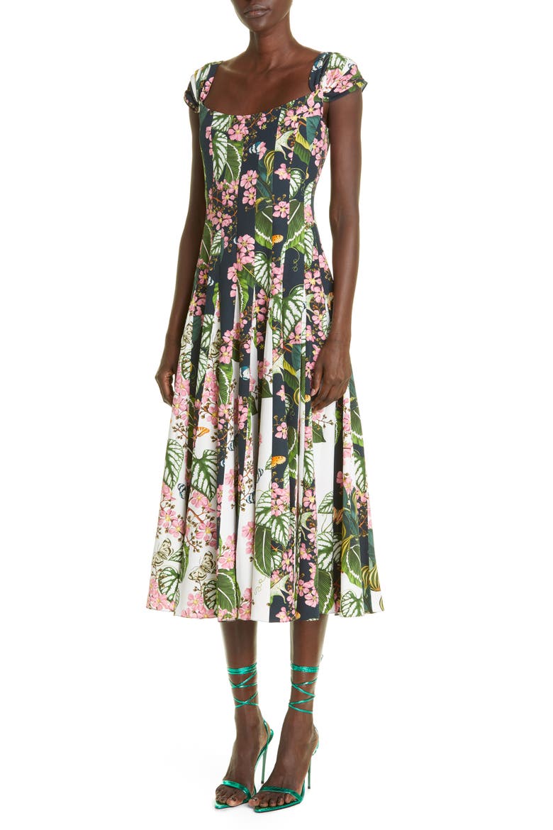 Botanical Print Cap Sleeve Fit & Flare Dress, Alternate, color, NAVY MULTI