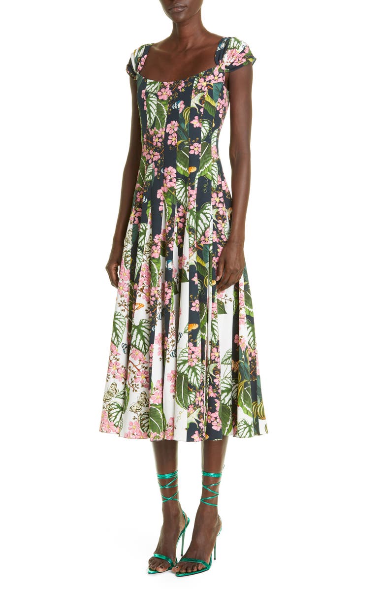 Oscar de la Renta Botanical Print Cap Sleeve Fit & Flare Dress, Alternate, color, 