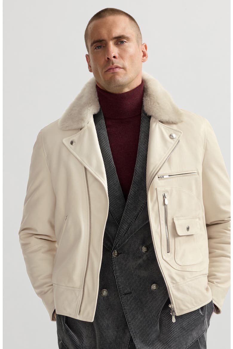 Nappa leather biker jacket with Thermore® padding and detachable shearling collar, Alternate, color, Ivory