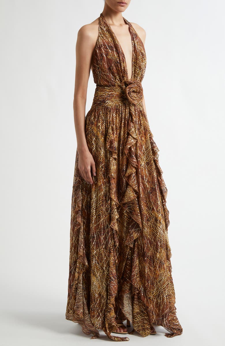 Ramy Brook Emerance Metallic Plunge Halter Gown | Nordstrom