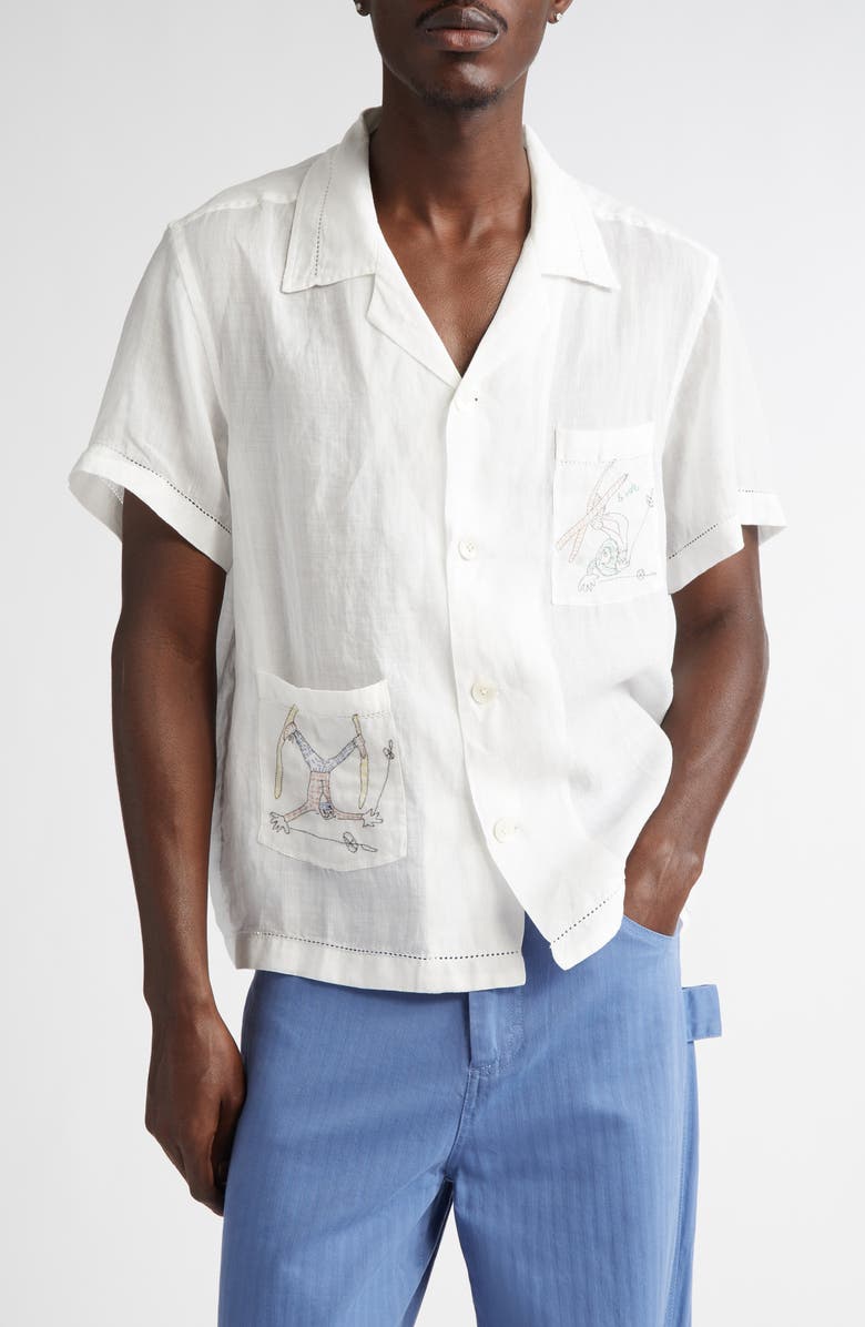 Bode Skiers Embroidered Linen Camp Shirt, Main, color, White Multi