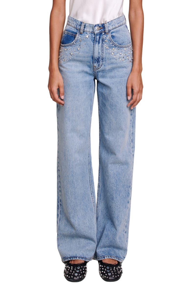 maje Petoile Crystal Embellished Flare Leg Jeans, Main, color,