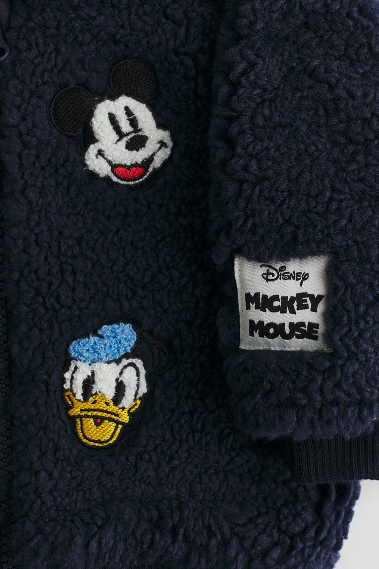 Embroidery-detail Teddy Jacket, Alternate, color, Navy blue/Mickey Mouse