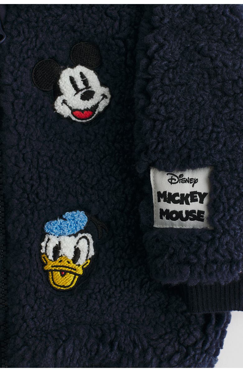 H&M Embroidery-detail Teddy Jacket, Alternate, color, Navy Blue/Mickey Mouse