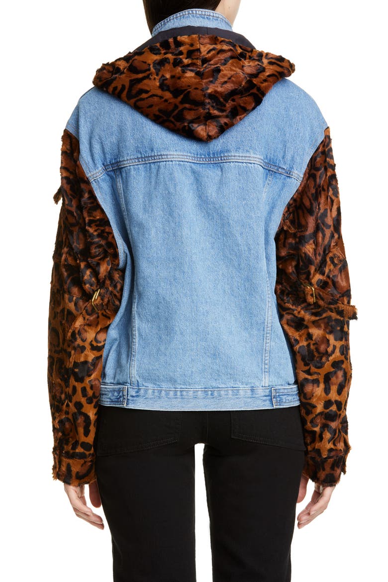 Leopard Hooded Denim Jacket, Alternate, color, LIGHT DENIM DARK