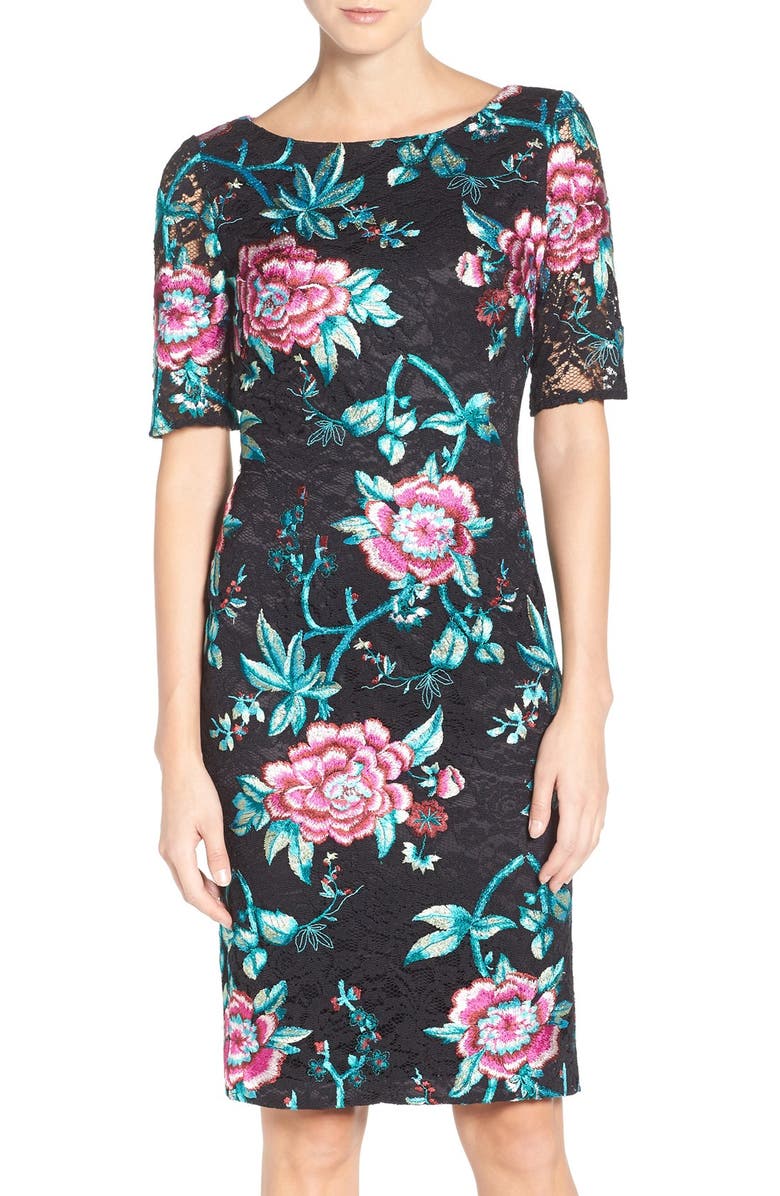 Eliza J Floral Embroidered Lace Sheath Dress, Main, color,