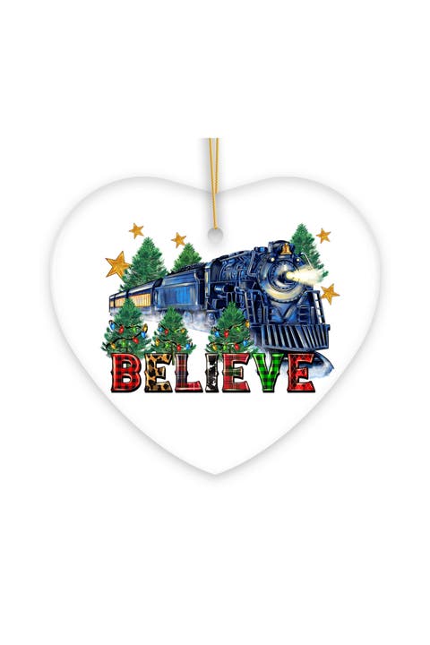 Believe Plaid Christmas Train Heart Ceramic Ornament