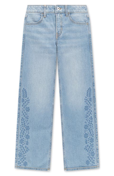 Kids' Floral Embroidered High Waist Wide Leg Jeans