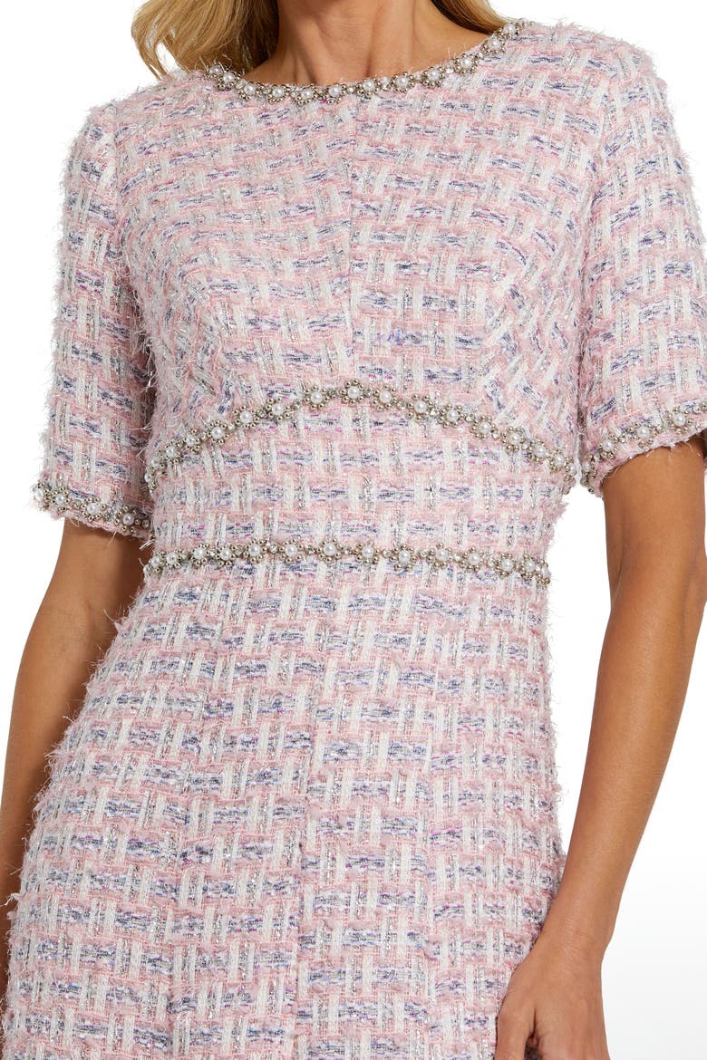 Women's Short Sleeve Beaded Trim Boucle Midi Dress, Alternate, color, Pink Multi