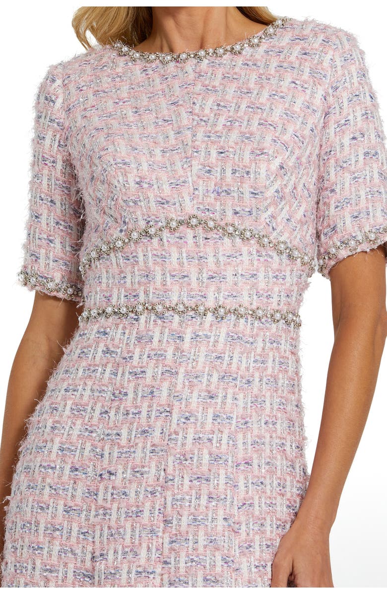Mac Duggal Women's Short Sleeve Beaded Trim Boucle Midi Dress, Alternate, color, Pink Multi