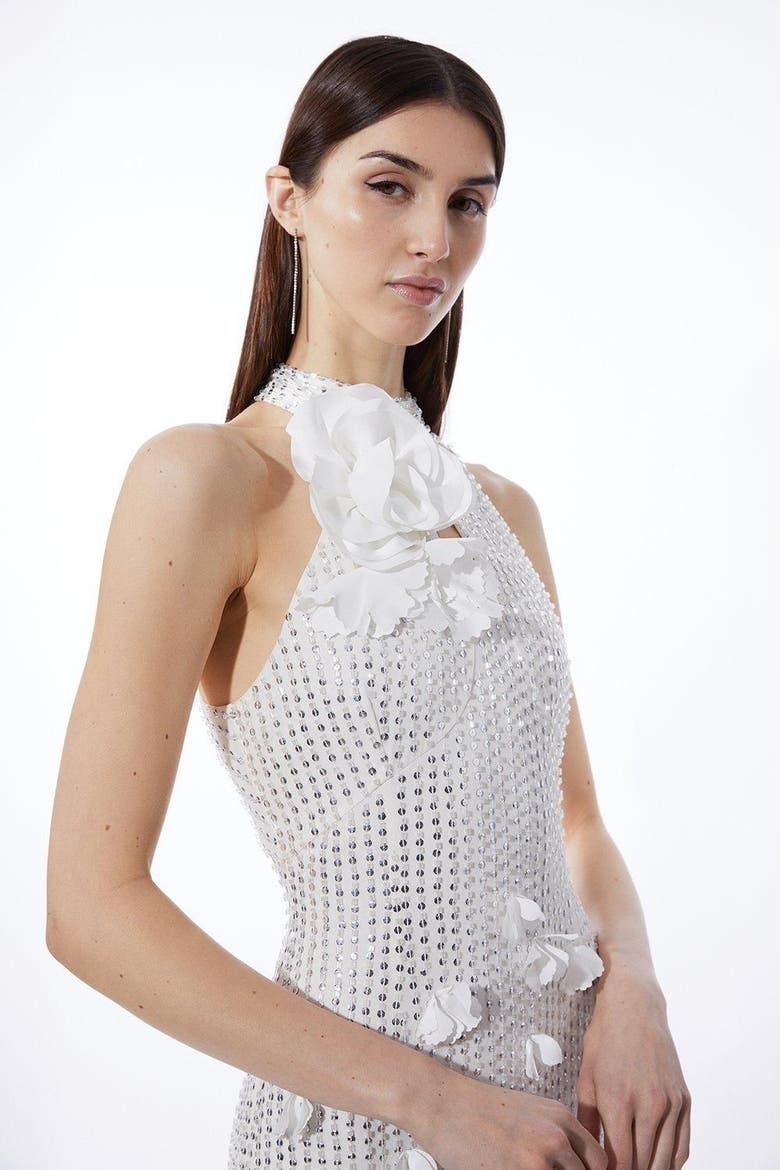 Crystal Rosette Halter-Neck Maxi Dress, Alternate, color, Ivory