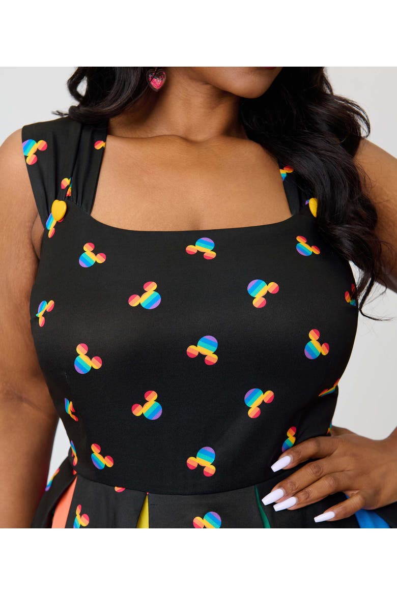 Plus Size Square Neck Sleeveless Godet Swing Dress, Alternate, color, Black Rainbow Mickey Print