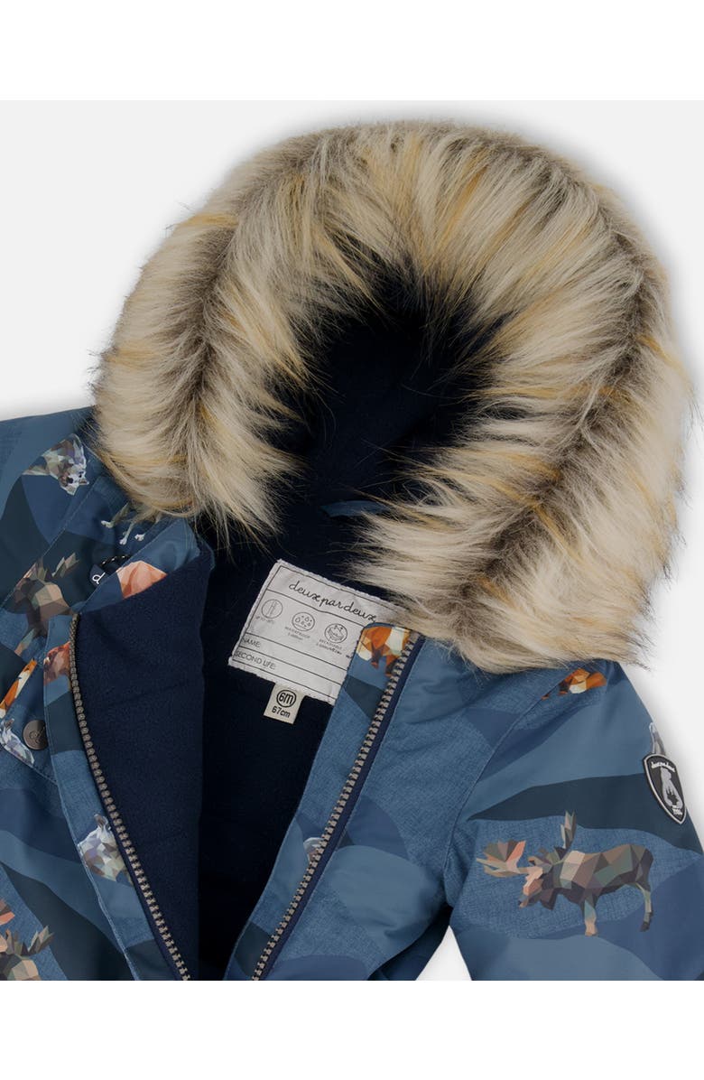 Deux par Deux Baby Boy's One Piece Baby Snowsuit Navy Printed Mountains Animals Designed For Car Seat, Alternate, color, 