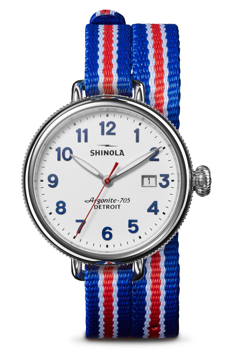 Birdy Blue/White/Red Grosgrain Stripe Strap Watch, 38mm, Alternate, color, WHITE/ BLUE