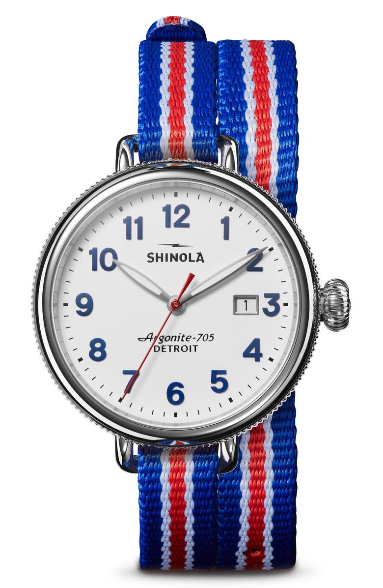 Shinola Birdy Blue/White/Red Grosgrain Stripe Strap Watch, 38mm, Alternate, color,