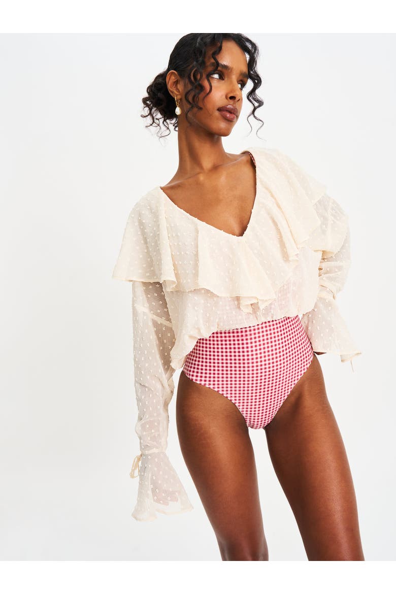 Magali Dotted Mesh Ruffle V Collar Top, Alternate, color, Beige