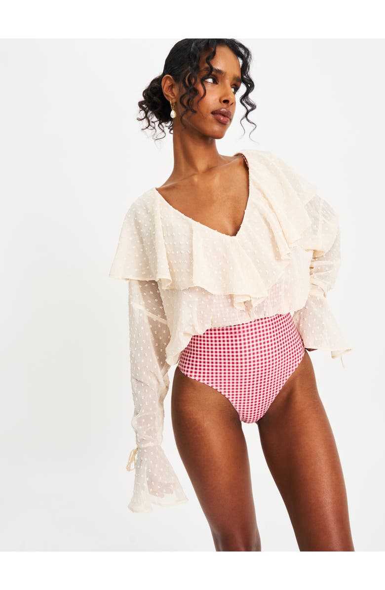 Miss Circle Magali Dotted Mesh Ruffle V Collar Top, Alternate, color, Beige