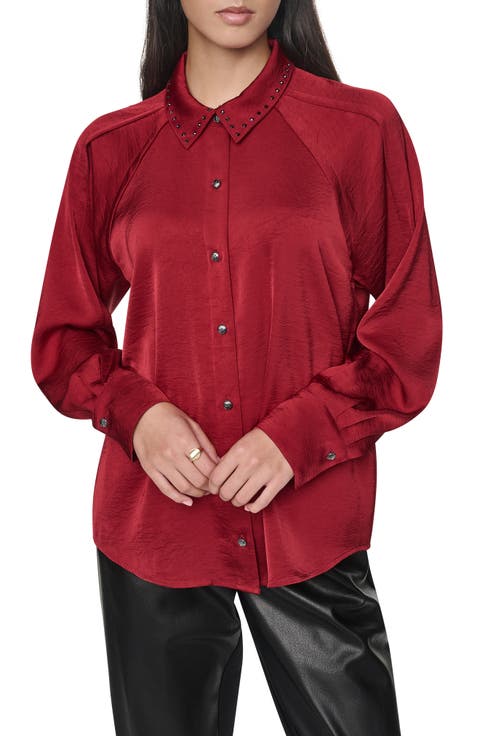 Studded Collar Long Sleeve Button Down Shirt