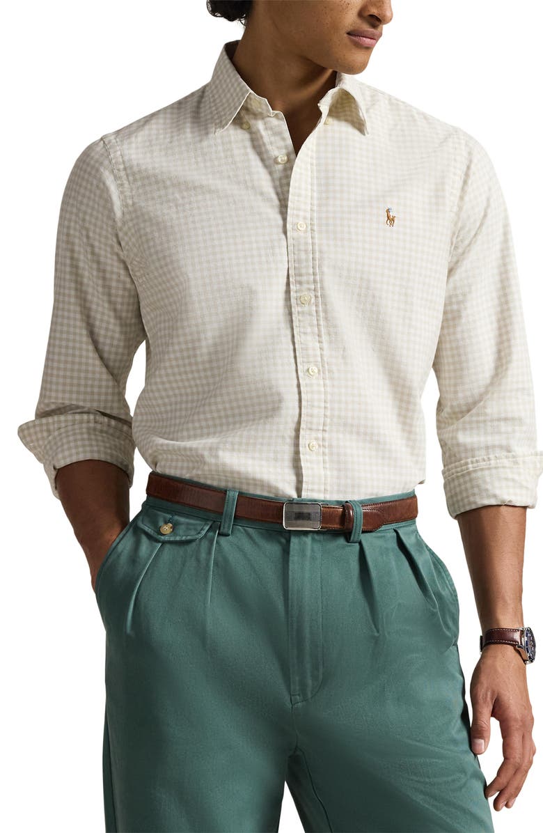 Polo Ralph Lauren Classic Fit Gingham Check Cotton Button-Down Oxford Shirt, Main, color, Basic Sand White