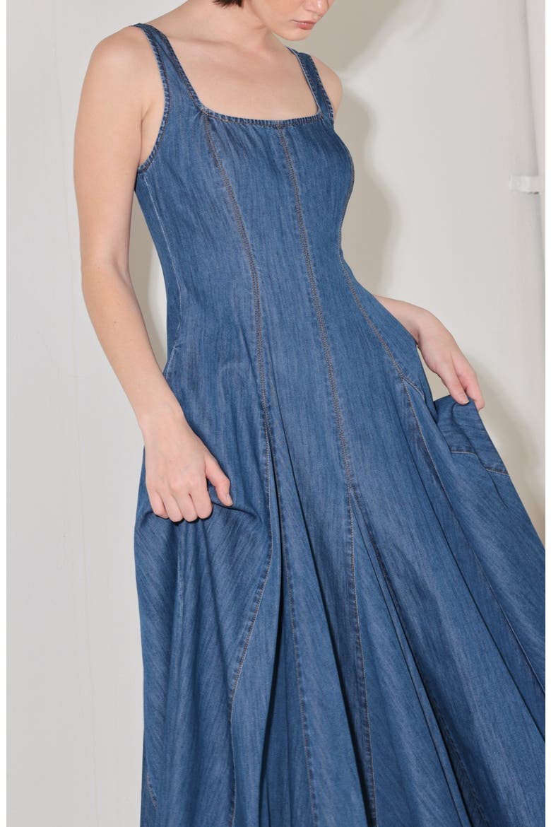 Square Neck A-Line Denim Midi Dress, Alternate, color, MEDIUM INDIGO