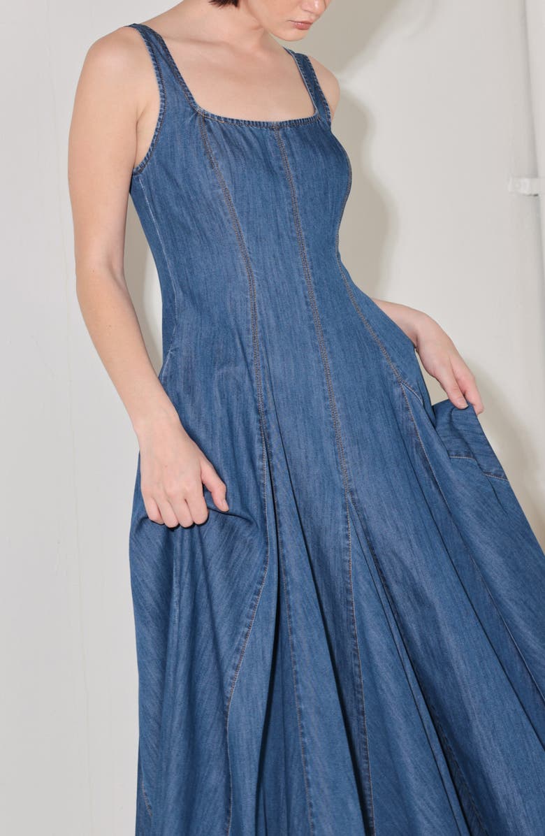 FREEMARKET Square Neck A-Line Denim Midi Dress, Alternate, color, Medium Indigo