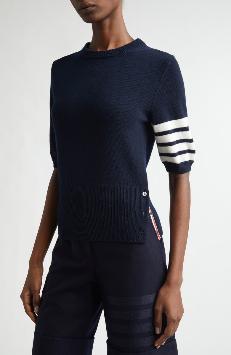 Thom Browne Classic Fit 4-Bar Short Sleeve Virgin Merino Wool Sweater, Alternate, color, Navy