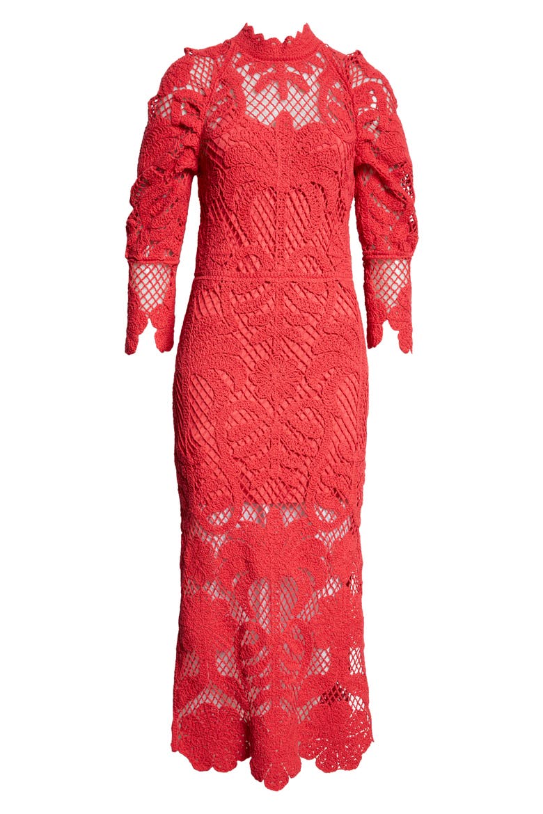 Long Sleeve Lace Knit Midi Dress, Alternate, color, RED