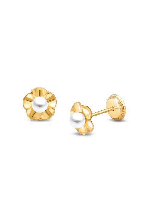 14K Gold Ruffled Petals with Pearl Studs Screw Back Earrings