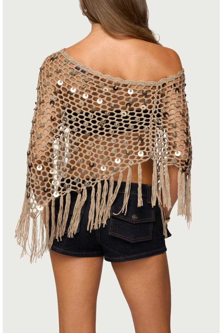 Open Stitch Sequin Fringe Poncho, Alternate, color, TAN