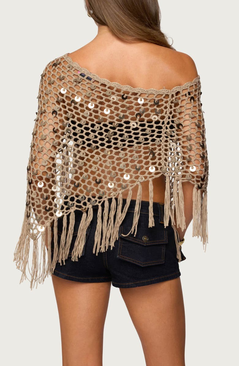 EDIKTED Open Stitch Sequin Fringe Poncho, Alternate, color, Tan