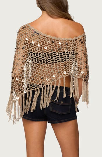 Open Stitch Sequin Fringe Poncho