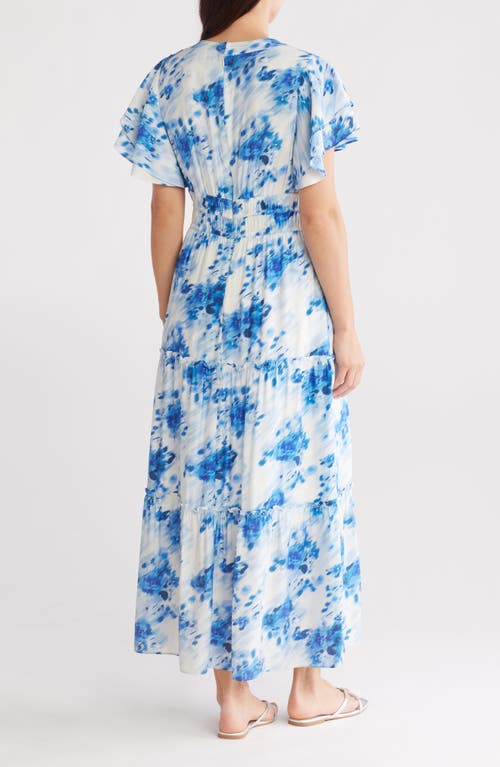 Julia Jordan Flutter Sleeve Tiered Maxi Dress In Blue Ivory