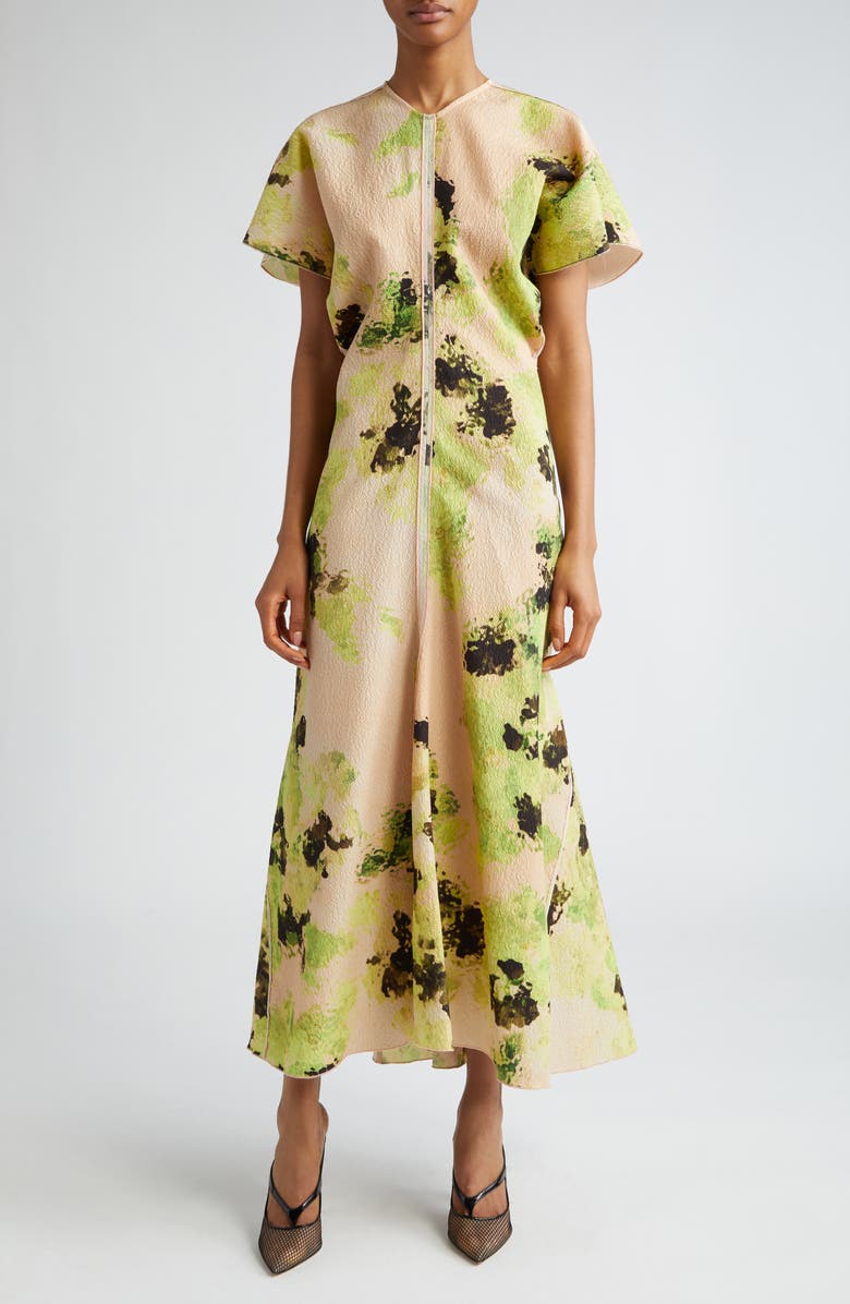 Victoria Beckham Floral Print Drape Shoulder Cloqué Dress, Main, color,