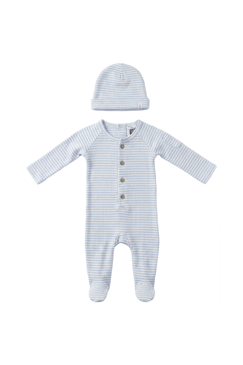 Boy Stripe Rib Front Button Opening Matching Hat Romper Set, Main, color, Misty Blue