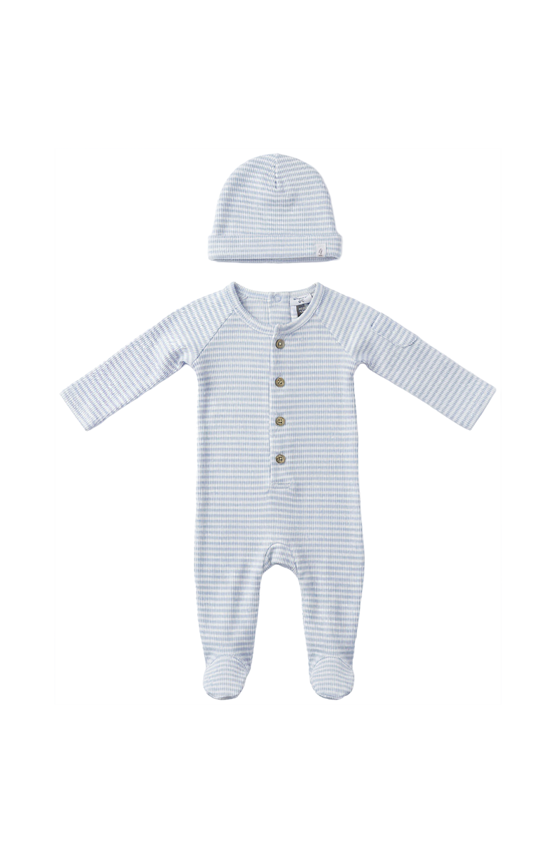 Little Fragile Boy Stripe Rib Front Button Opening Matching Hat Romper Set, Main, color, Misty Blue