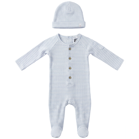 Boy Stripe Rib Front Button Opening Matching Hat Romper Set (Baby)