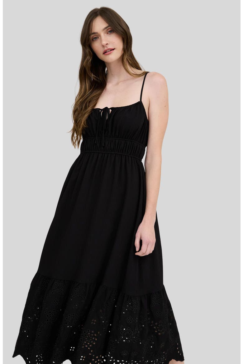 Embroidered Eyelet Empire Waist Midi Dress, Alternate, color, BLACK