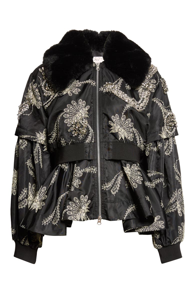 Armelle Paisley Fan Embroidered Jacket with Faux Fur Collar, Alternate, color, BLACK/ GARDENIA