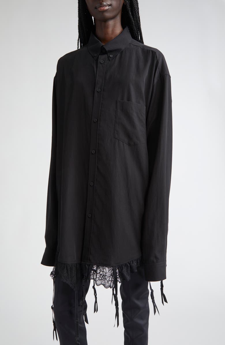 Balenciaga Lingerie Lace Trim Poplin Button-Down Shirt, Alternate, color, 
