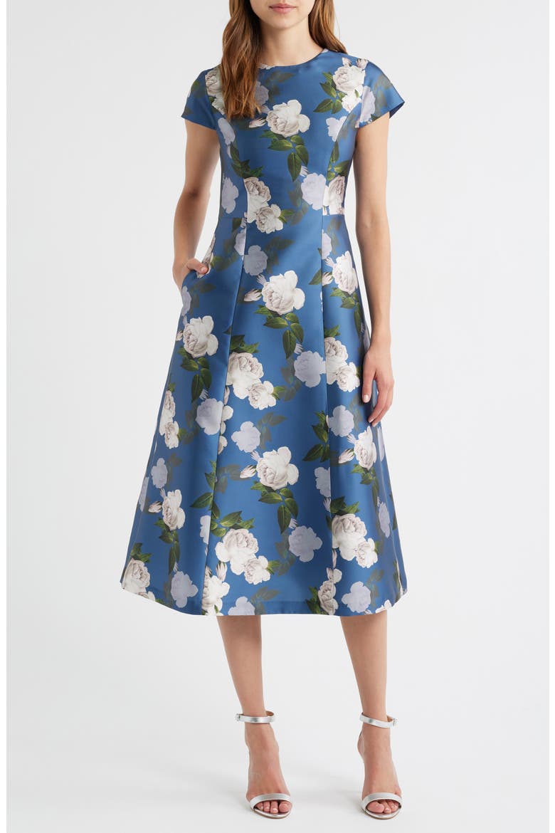 Jackie Floral Print Satin Cocktail Dress, Main, color, STEEL BLUE BLOOMS